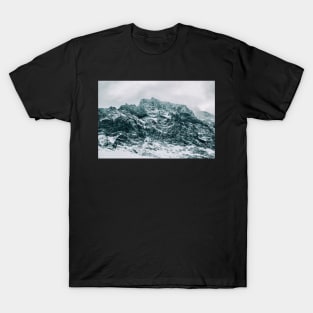 Closeup of Dramatic Snow-Covered Mountain Peak in Norway T-Shirt